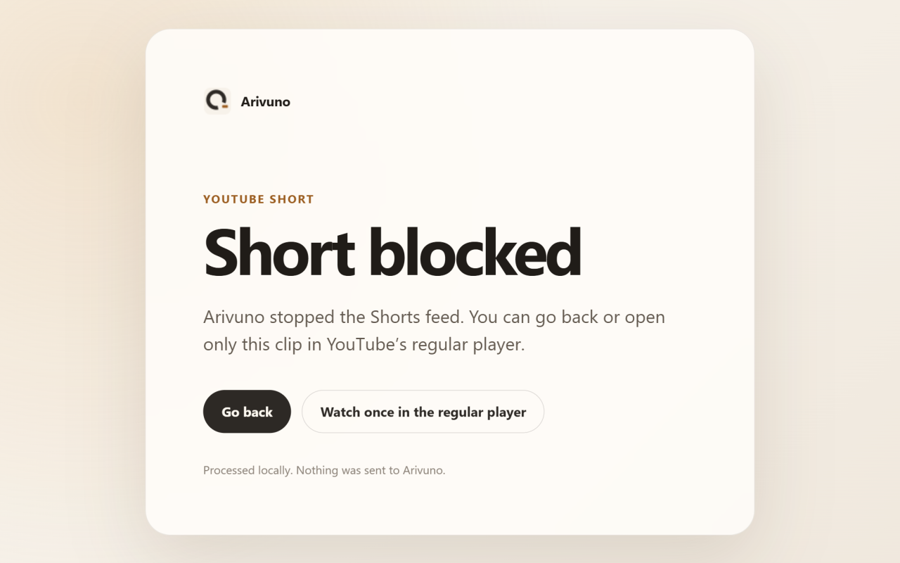 Arivuno interruption page with options to go back or watch one selected clip in YouTube's regular player